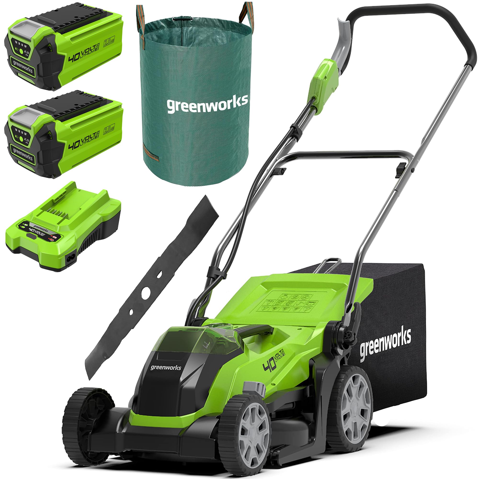 Greenworks G40LM35K2X Cortacésped de Batería, Ancho de Corte 35 cm, MÁS Dos Baterías de 2Ah y Un Cargador, Garantía de 3 Años + Bolsa de residuos de jardín 120l + Cuchilla de Repuesto de 35 cm