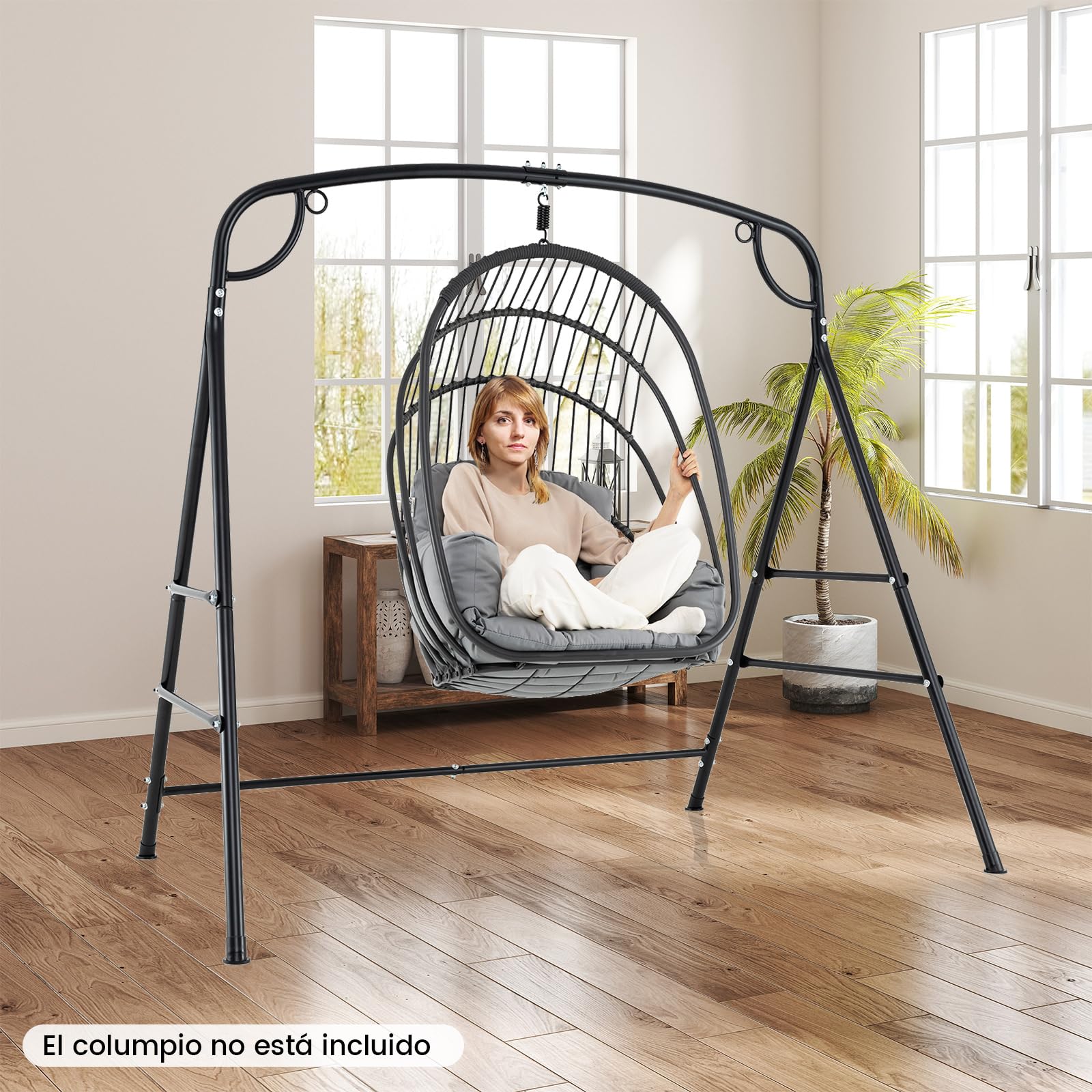 COSTWAY Soporte Hamaca en Forma A, Soporte Columpio de Metal, Carga Máxima de 300 Kg, Soporte Silla Colgante Patio Terraza Balcón Jardín, 180 x 133 x 182 cm (3 Anillos)