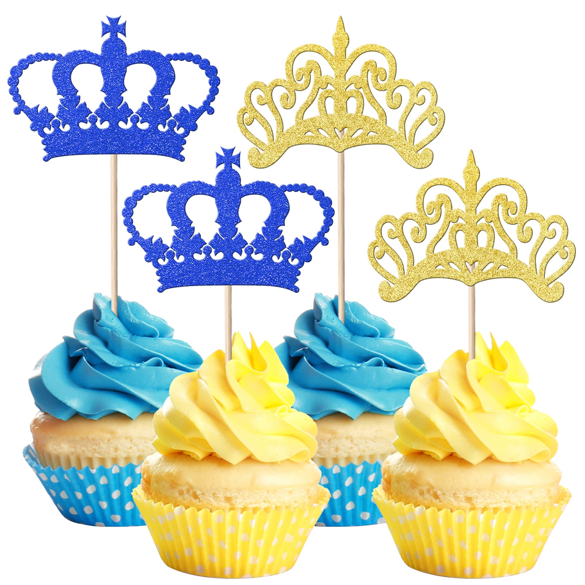 24x Prinzessin Krone Cupcake Topper – Blau-Gold, Glitzer, Mit Stab, Für Geburtstag, Hochzeit, Babyparty