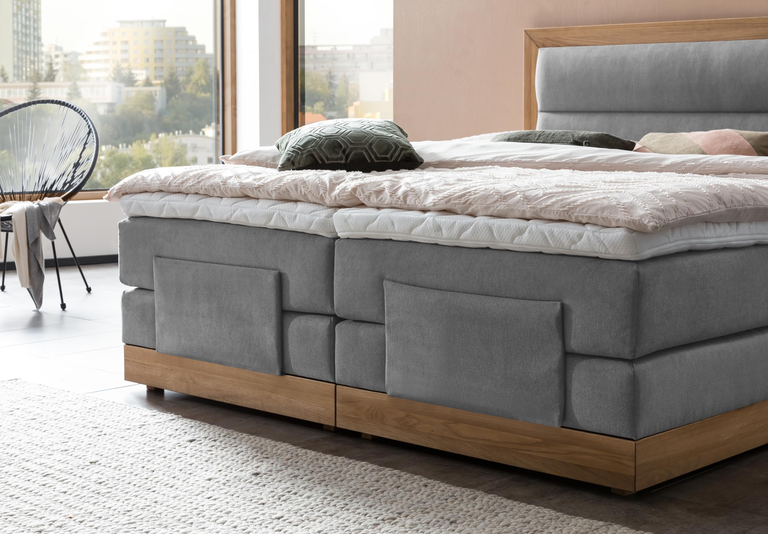 Belanoti MODELA Boxspringbett 160x200 elektrisch verstellbar 7-Zonen Taschenfederkern Matratze inkl Visco Topper Bett 160x200 mit Motor Farbe Hellgrau H2/H3 Polsterbett Motorbett Massivholz Eiche
