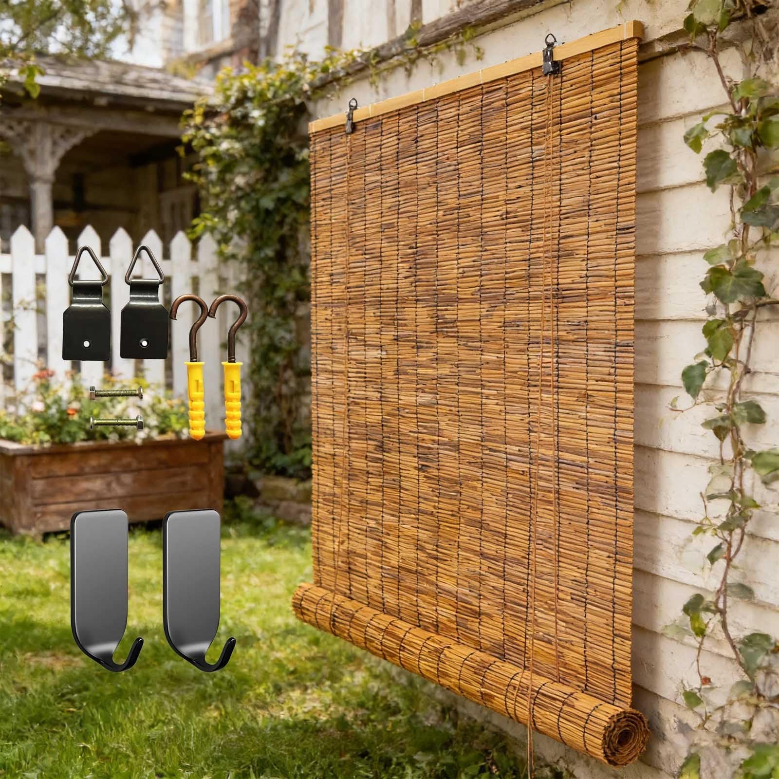 Store Bambou Extérieur, Store Enrouleur sans Perçage en Roseau, Rideau Thermique Anti Chaleur Et Occultant pour Balcon Et Terrasse(W125 x H215 cm)