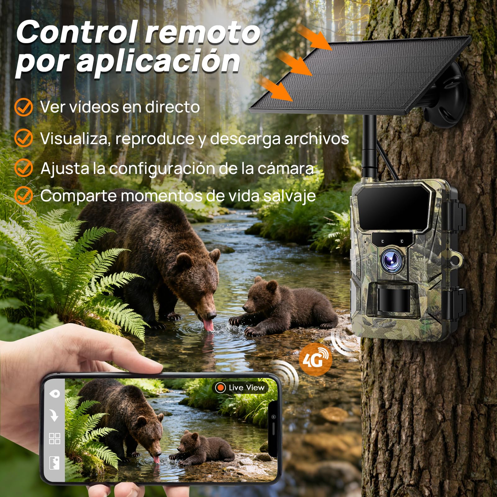 iZEEKER 2 en 1 Solar Cámara de Caza 4G LTE con SIM y Micro SD Karte 64GB, HD 48MP Fototrampeo Nocturna con App, Batería Recargable de 5200mAh, Detección Movimiento, IP66 Impermeable, Sin Wi-Fi