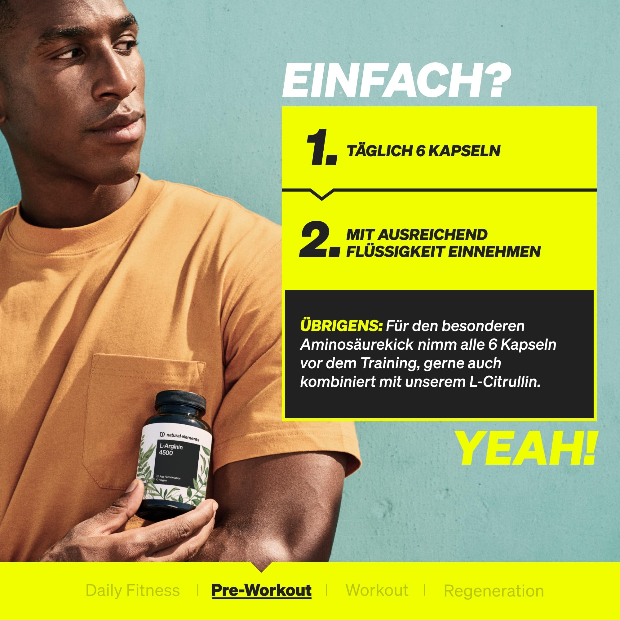 natural elements L-Arginin – 365 Kapseln – Hochdosiert: 4.500mg veganes L-Arginin HCL pro Tagesdosis (3.750mg reines L-Arginin) – hochdosiert – in Deutschland hergestellt & laborgeprüft