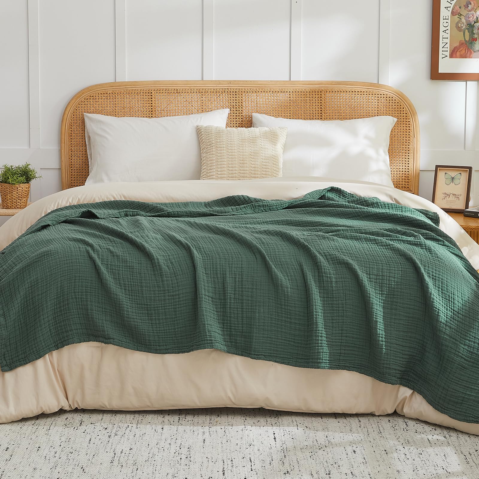 EMME Muslin Blankets for Adults Throw Blanket for Couch Breathable Gauze Soft Lightweight Airy Forest Green Twin 60" x 80"