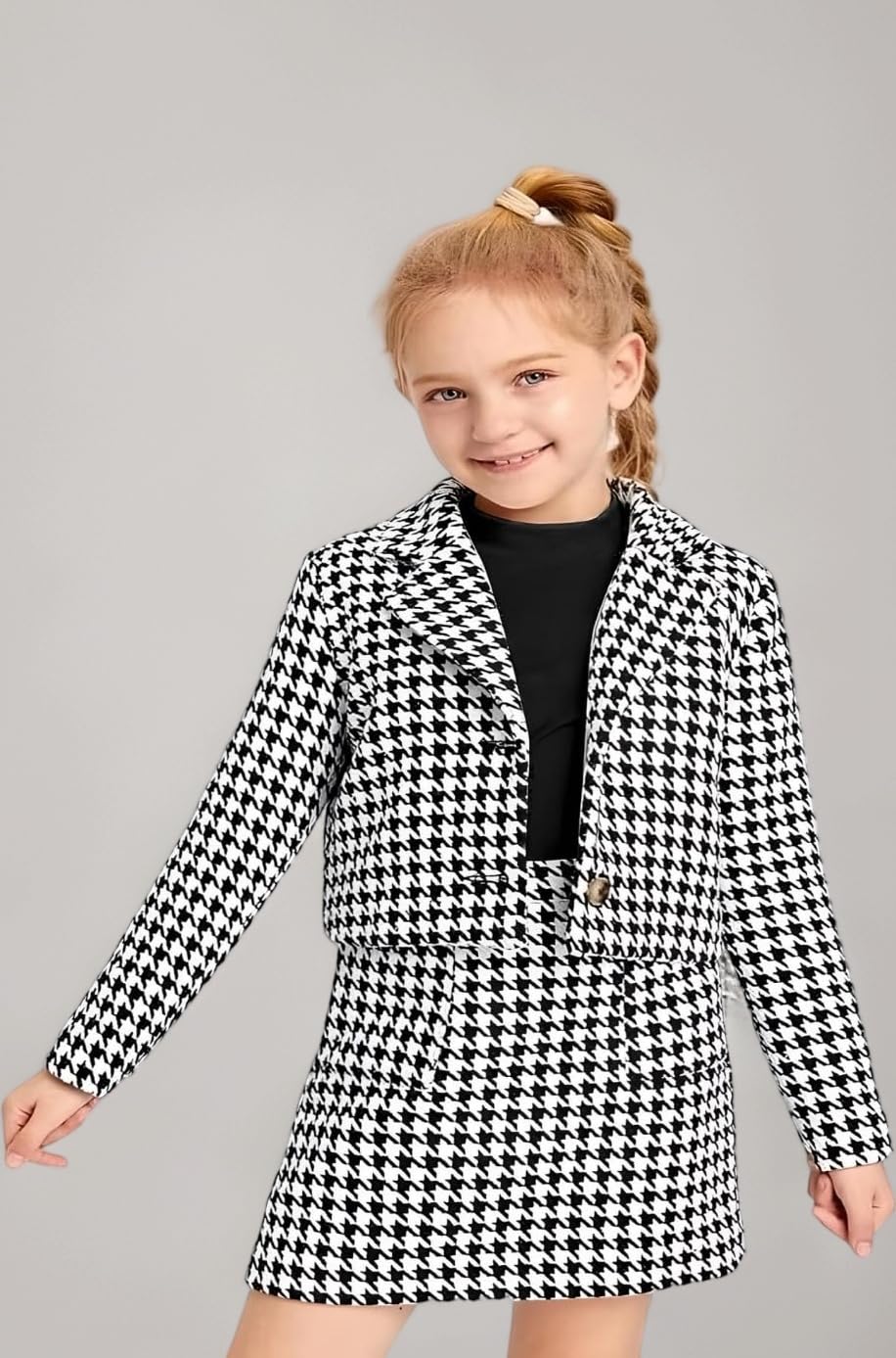 Girl’s Checkered Blazer Jacket and Skirt Co-ord Set | Stylish for Girls | Party Outfit | Kids Trendy Clothing Set__3-Piece-Black-10-11 Year