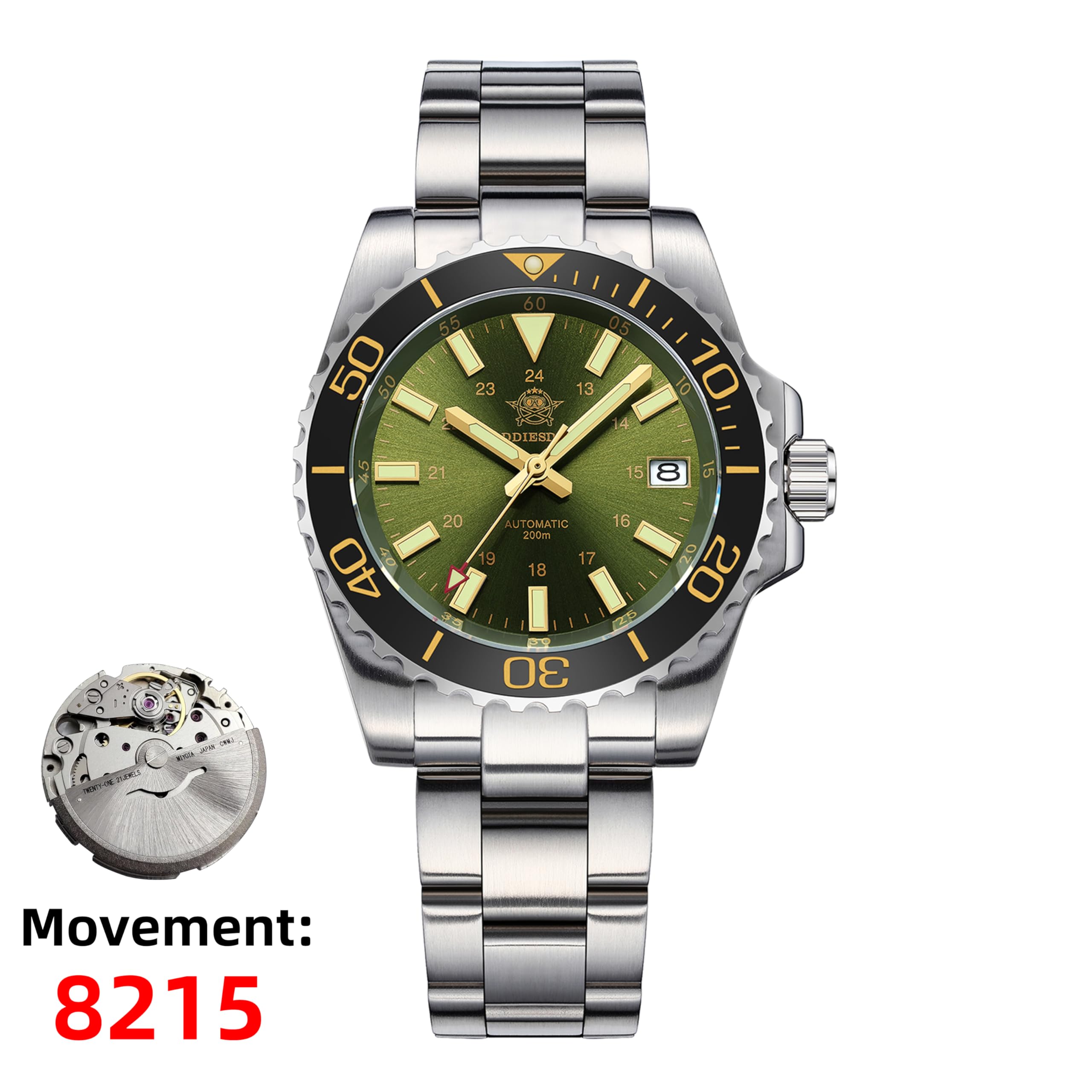 ADDIESDIVE Orologio Uomo Automatico Meccanico 8215 Quadrante Satinato a Raggi Solari Impermeabile 20 ATM Vetro Zaffiro Sintetico Super Luminoso BGW9 Acciaio Inossidabile