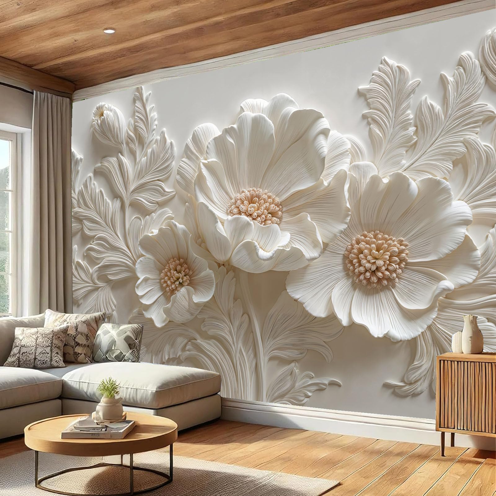 3D Carta Da Parati Panoramica Fiori E Foglie In Gesso, 350x256cm Carta Da Parati in Seta Arte Del Rilievo Classica, Decorazioni Murali per Camera, Soggiorno, Poster Xxl Da Parete Grande Affiche