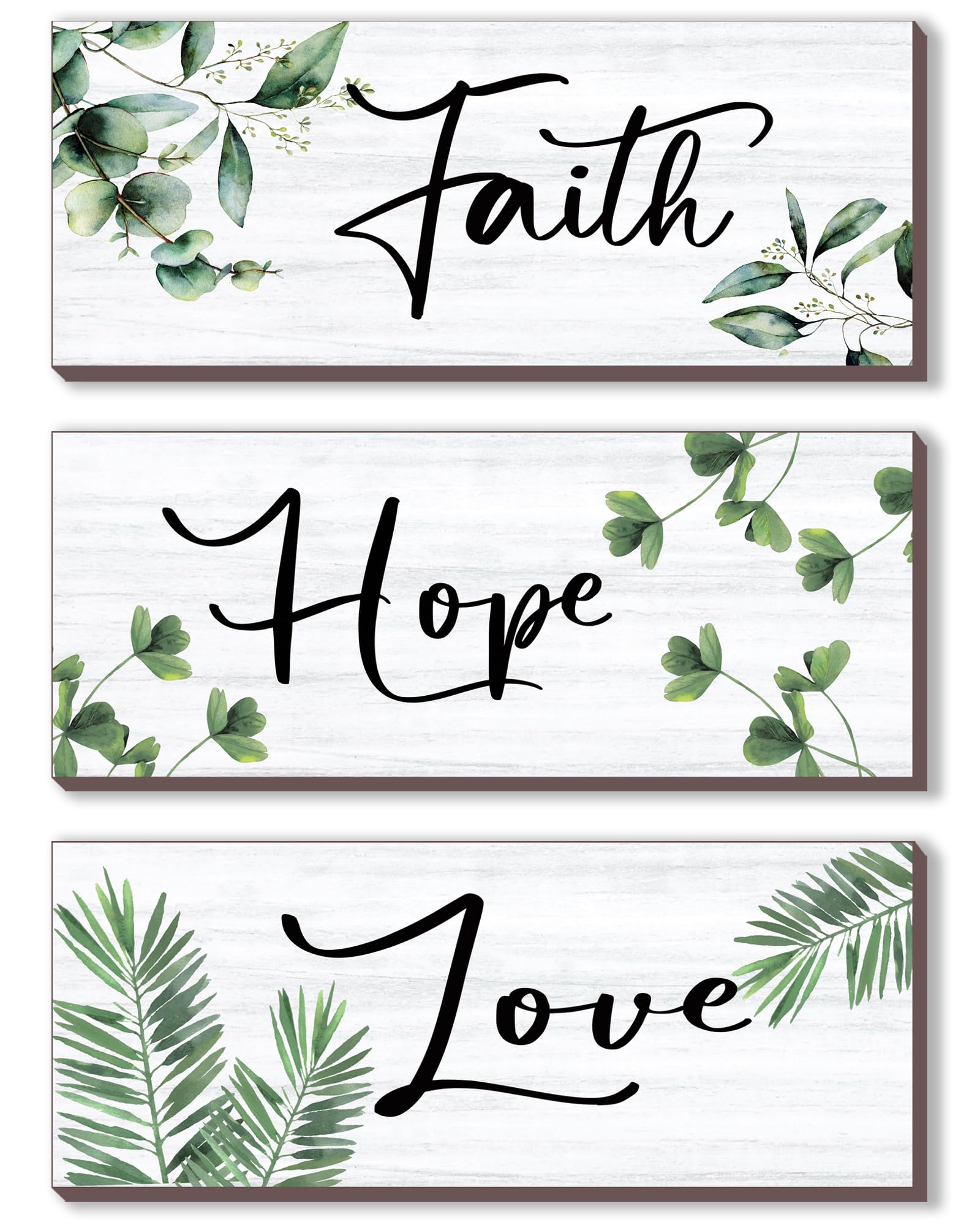3 Pcs Green Bathroom Decor Farmhouse Wall Art Inspirational Faith Hope Love Green Leaf Rustic Wooden Sign for Home Bathroom Office Bedroom Living Room Kitchen Decoration(Green 10x4)