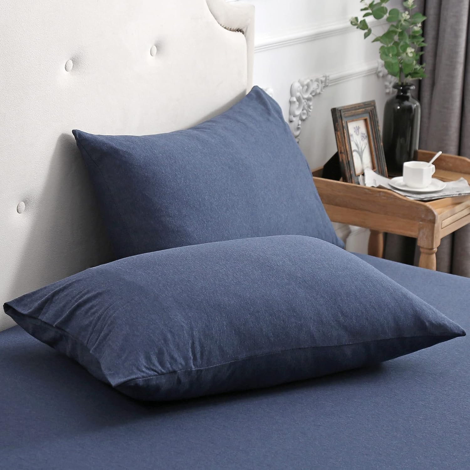 PURE ERA Jersey Knit Pillowcases Set of 2 - 100% T-Shirt Cotton Super Soft Breathable, Standard 20x26 Heathered Navy Blue