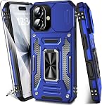 for iPhone 16 Case with Screen Protector+Slide Camera Cover, Military Grade Shockproof Protective Case with Magnetic Kickstand Ring for iPhone 16 6.1 inch (Blue)
