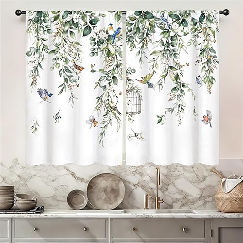 Miniatura 32 de Cortinas de cocina florales azules de 27.5 pulgadas de ancho x 39 pulgadas de largo, 2 paneles con bolsillo para barra, flores silvestres, estilo 03