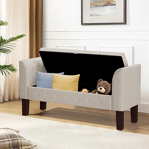 Miniatura 18 de Awonde Banco de almacenamiento armado para dormitorio, entrada, sala de estar, banco otomano tapizado copetudo, color gris Gris,Beige,Gris