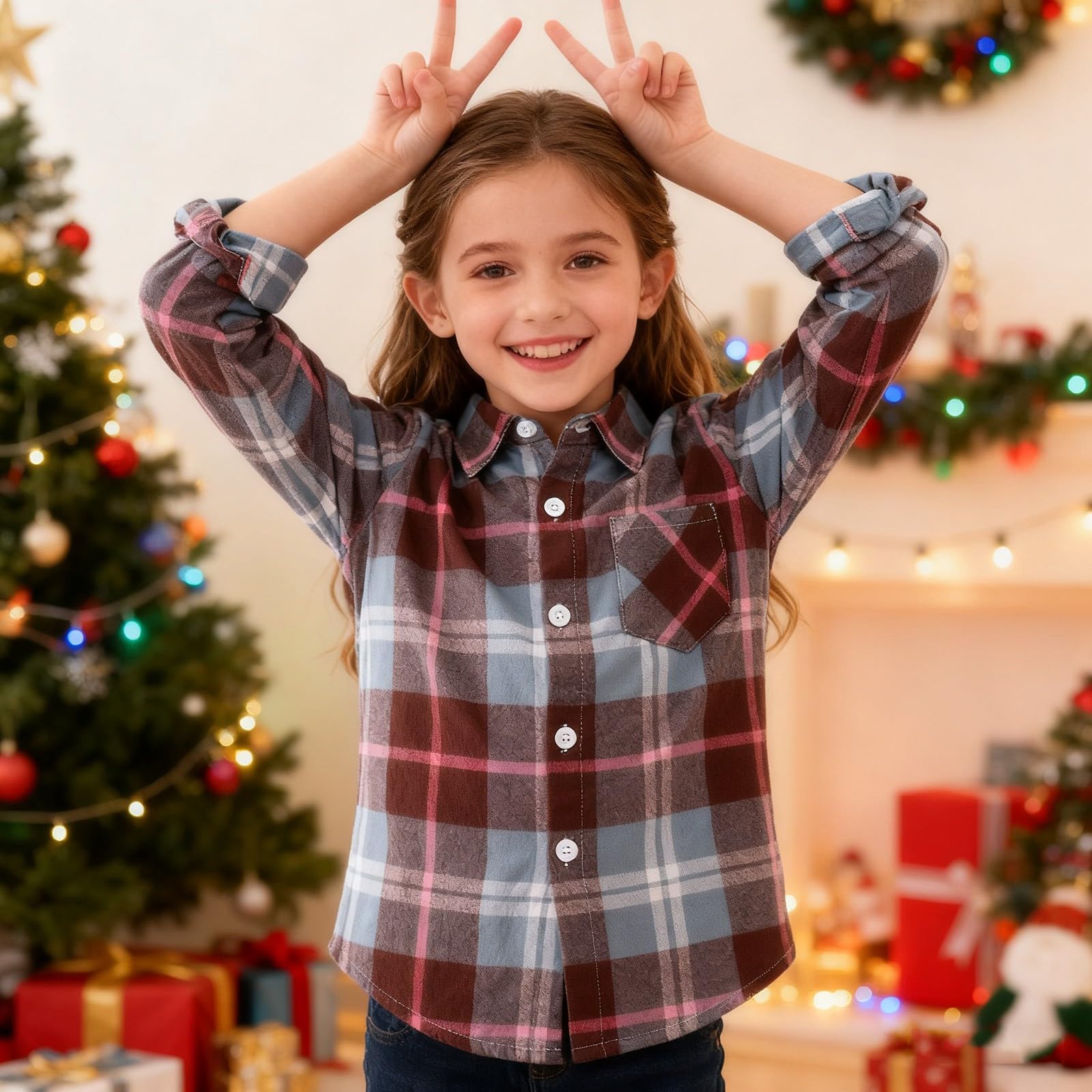 Camisa clásica de manga larga a cuadros para niñas y niños, camisa clásica con botones, para la escuela, casual, para niños, para día a día festivo