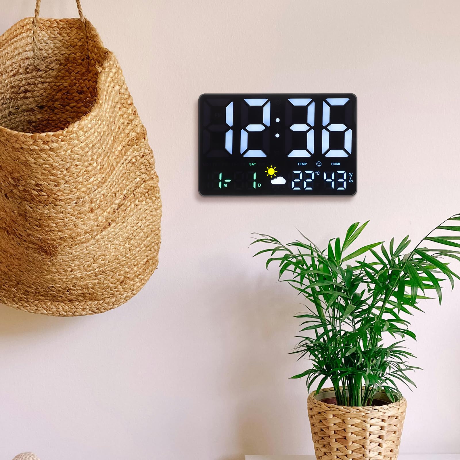 POPETPOP Digitale Wanduhr Groß mit LED Display Temperatur und Luftfeuchtigkeitsanzeige Luftdrucksensor Wettervorhersage Wecker und Kalender für Büro und Wohnzimmer