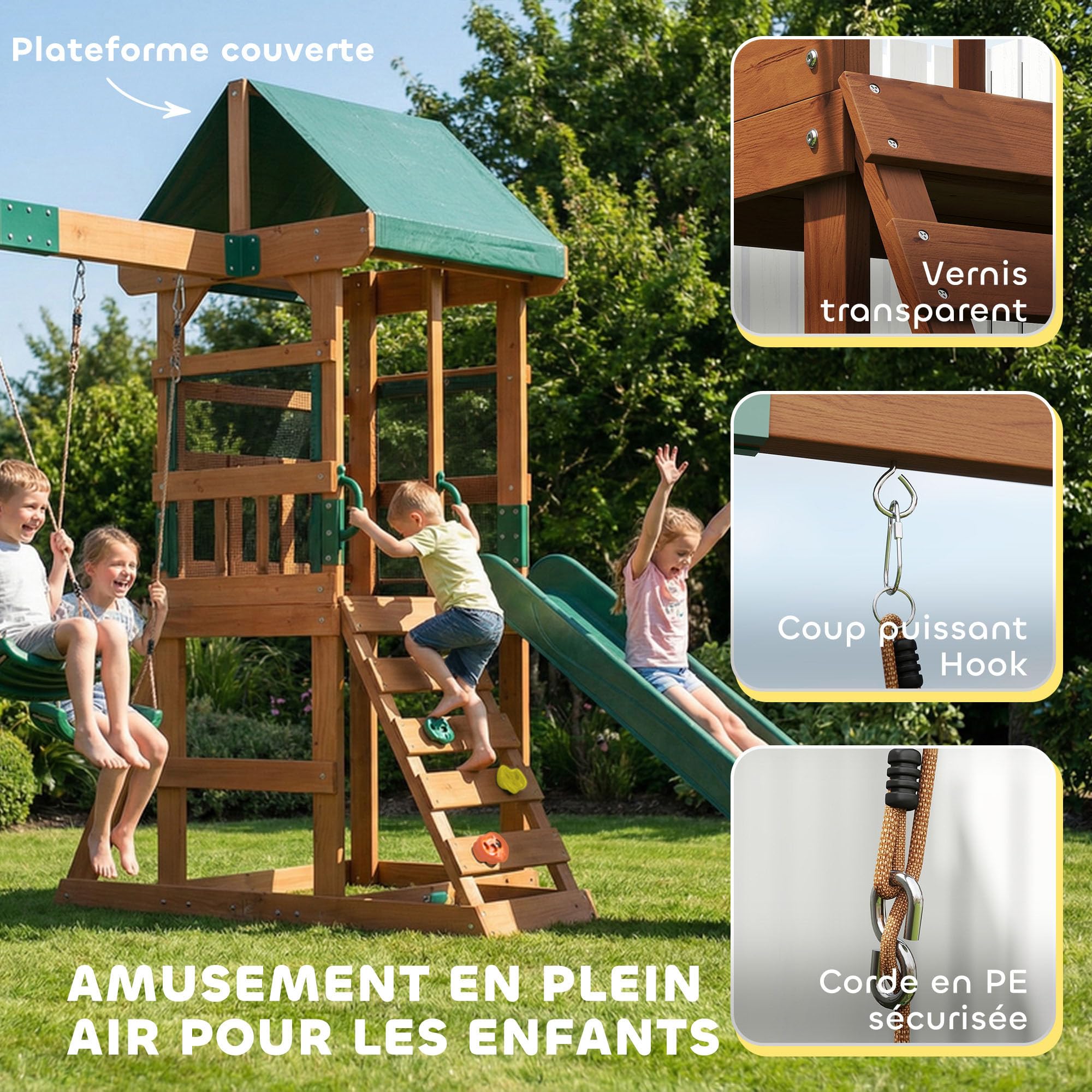 AIYAPLAY Aire de Jeux portique en Bois 2 balançoires Toboggan 3-8 Ans | Mur d'Escalade et Terrasse Couverte, Tour d'escalade pour enfants