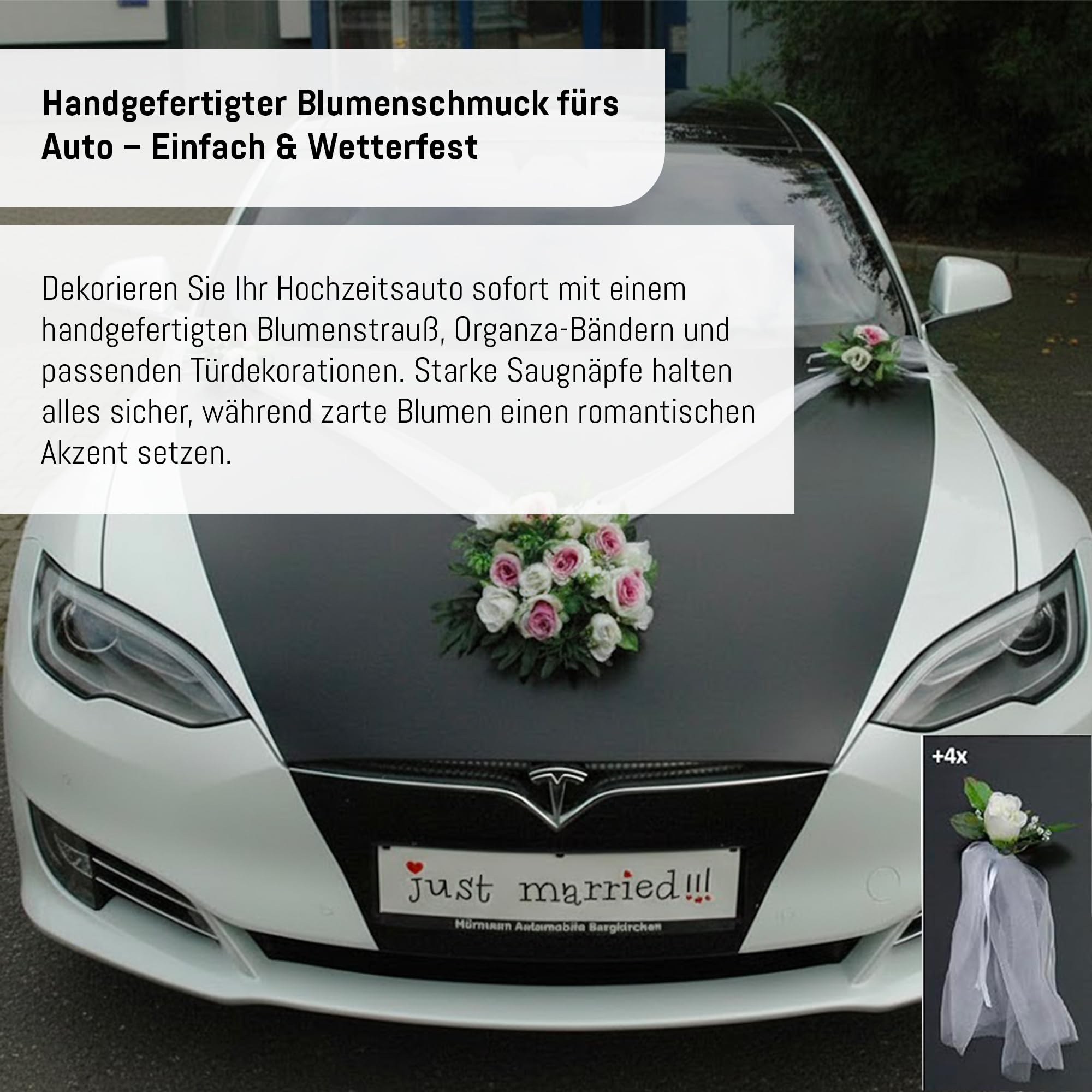 Autoschmuck – Décorations de voiture de mariage – Réalisées à partir de roses et de dentelle