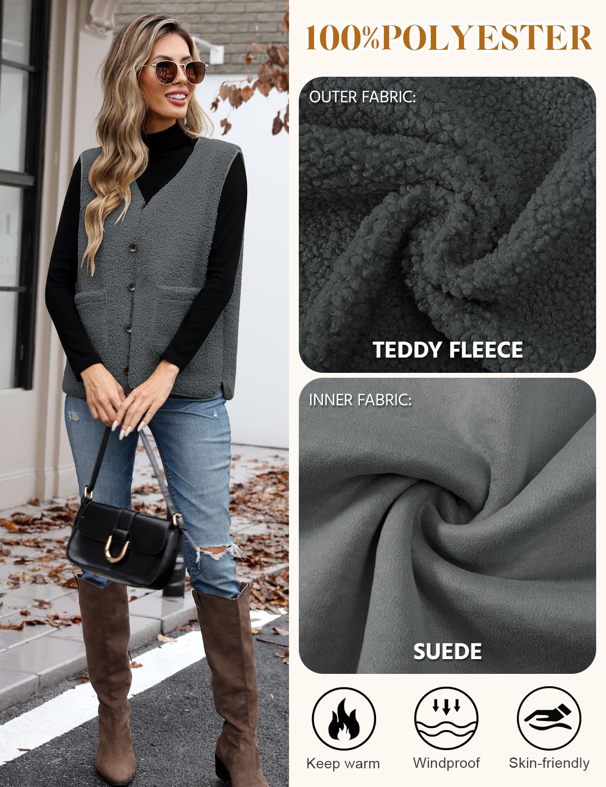 CMTOP Gilet Donna Gilet da Teddy Pile Senza Maniche Autunno Inverno Casual Smanicato Gilet in Pile Corta Leggero Comodi Gilet Scollo a V con Tasche