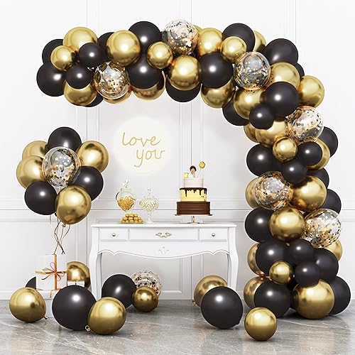 RUBFAC Black and Gold Balloons New Years Eve Party Balloons Garland Arch Kit with Black Gold Confetti Balloons for Graduation Birthday Party