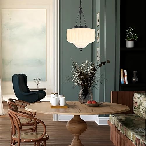 Miniatura 3 de Lámpara colgante de vidrio de leche, lámparas de techo modernas de mediados de siglo de mediados de siglo, acabado negro con vidrio esmerilado,