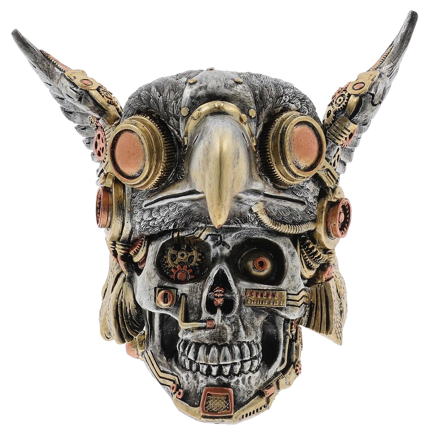 Gentlemen Joe [Men's Gift] Skull With Eagle Hat Gentleman Joe Steampunk Figurine, Painted Resin, Industrial Mechanical Design, 17 X 19 X 16 Cm, Bronze And Silver