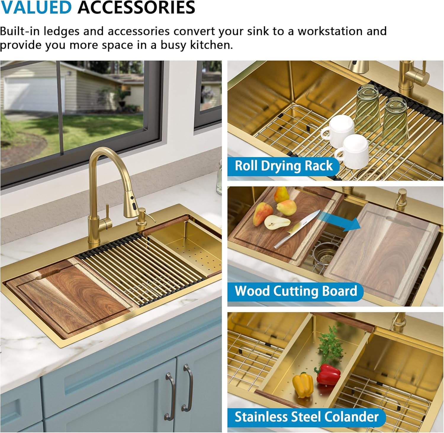 33"x19" Drop In Workstation Kitchen Sink – Brushed Gold NANO-PVD, 16 Gauge T304 Stainless Steel, Single Bowl Luxury Top Mount Sink with Faucet Combo & Soap Dispenser