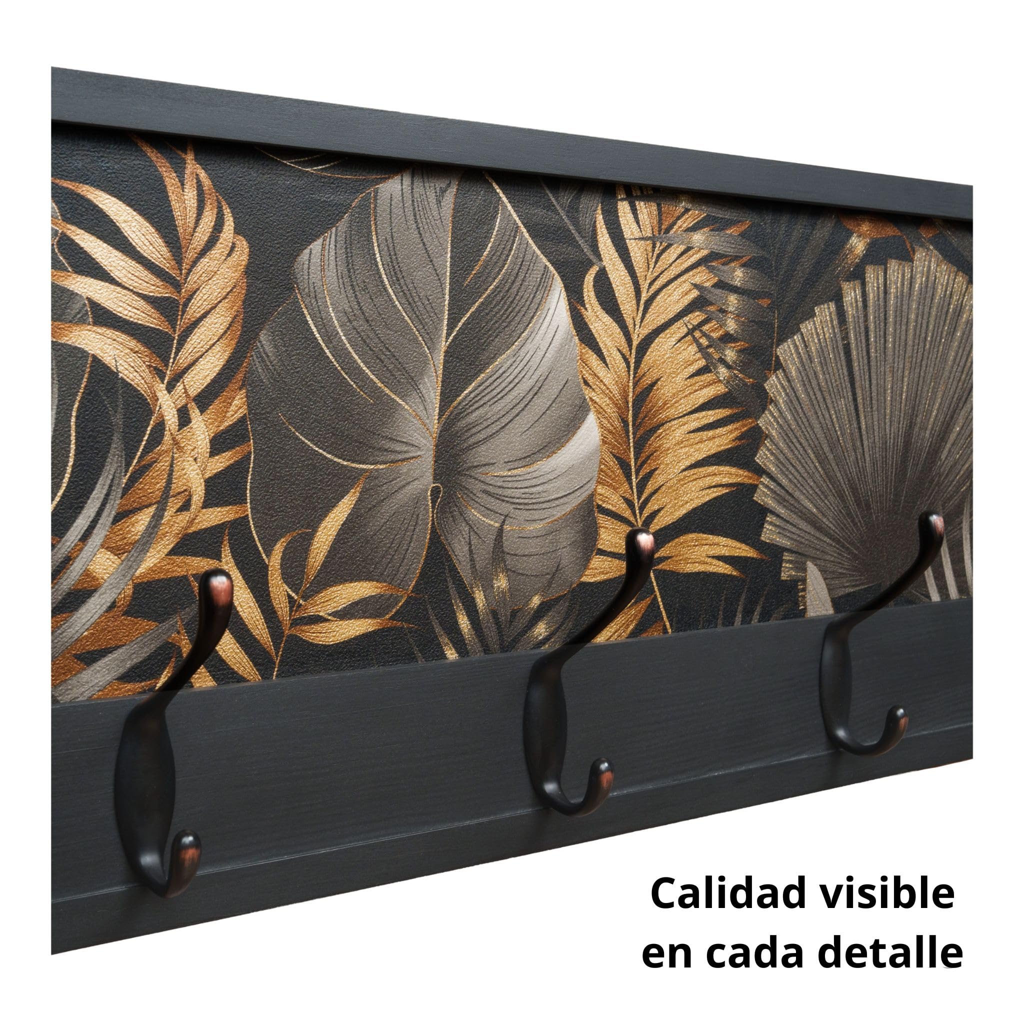 Perchero Pared Madera 52x25cm Jungle Glam Negro 4 Ganchos | Hecho en España. 4 ganchos dobles (8 colgadores) para ropa y abrigos. Ideal para entrada, salón u oficina.