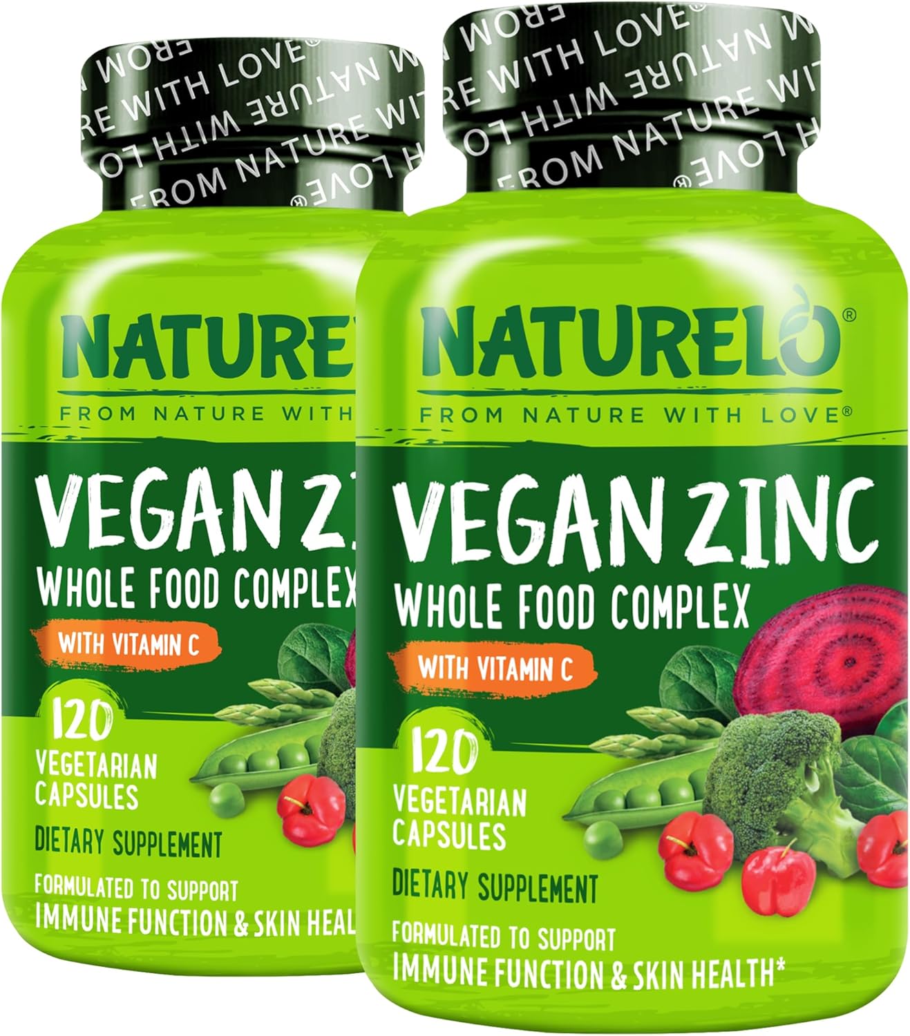 NATURELO Vegan Zinc Immune Support Capsules - Whole Food Complex with Vitamin C for Healthy Skin, Hair, and Nails - 120 Capsules