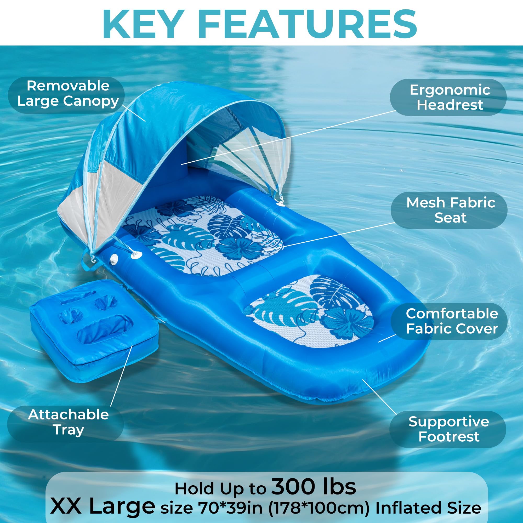 Inflatable Pool Float with UPF50+ Sunshade Canopy & Cupholder Caddy, 70