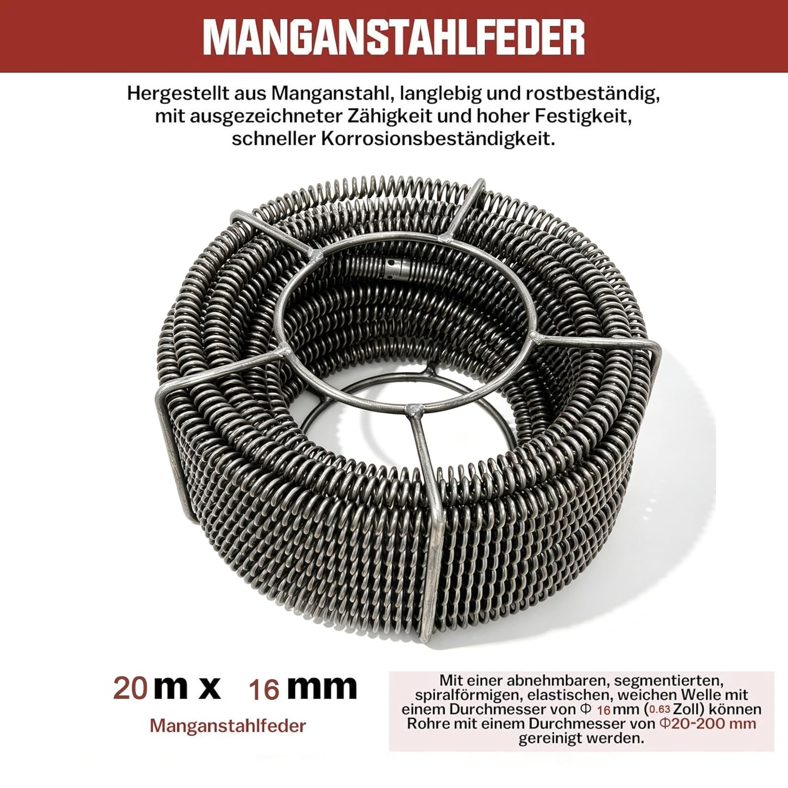Máquina limpiadora de tuberías con espiral de resorte de 16 mm x 20 m. Aparato limpiador de tuberías con espiral