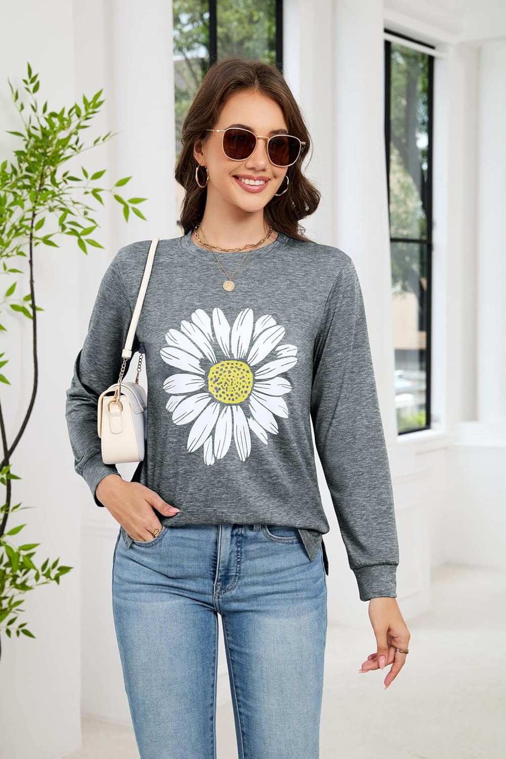 Womens Sunflower Graphic Long Sleeve Casual Cotton Tee Tops Fashion Floral Printed Crewneck Tees Shirt - Image 8