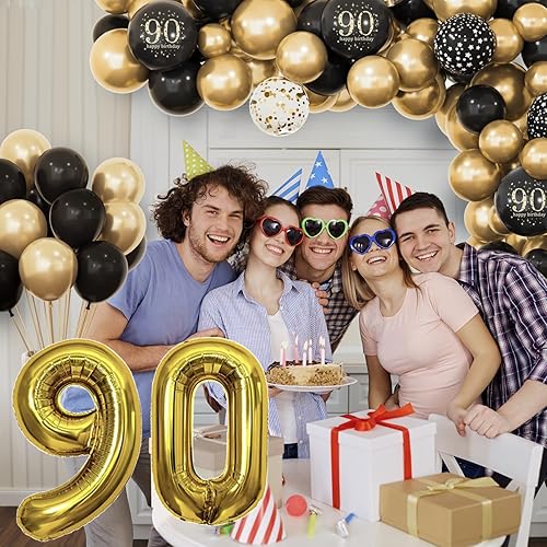 Miniatura 7 de Decoraciones de 90 cumpleaños para hombres y mujeres, juego de globos negros y dorados de 90 cumpleaños con pancarta de decoración de cumpleaños 90,