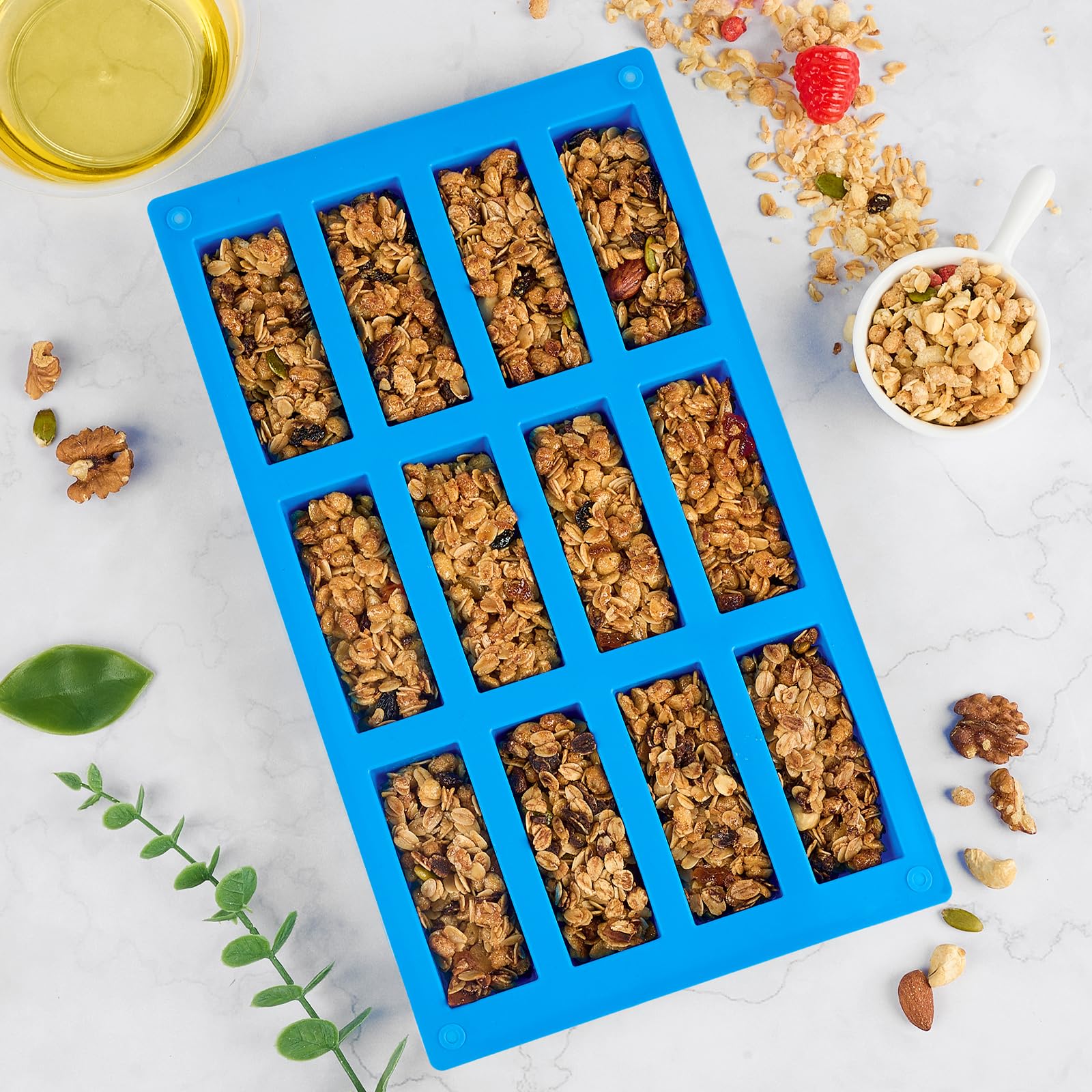 12RectangleMold Müsliriegelformen mit 12 Mulden, antihaftbeschichtet, rechteckig, Silikon, Schokoladenformen für Energie-/Protein-/Müsliriegel, Mousse, Brownies, 3 Stück