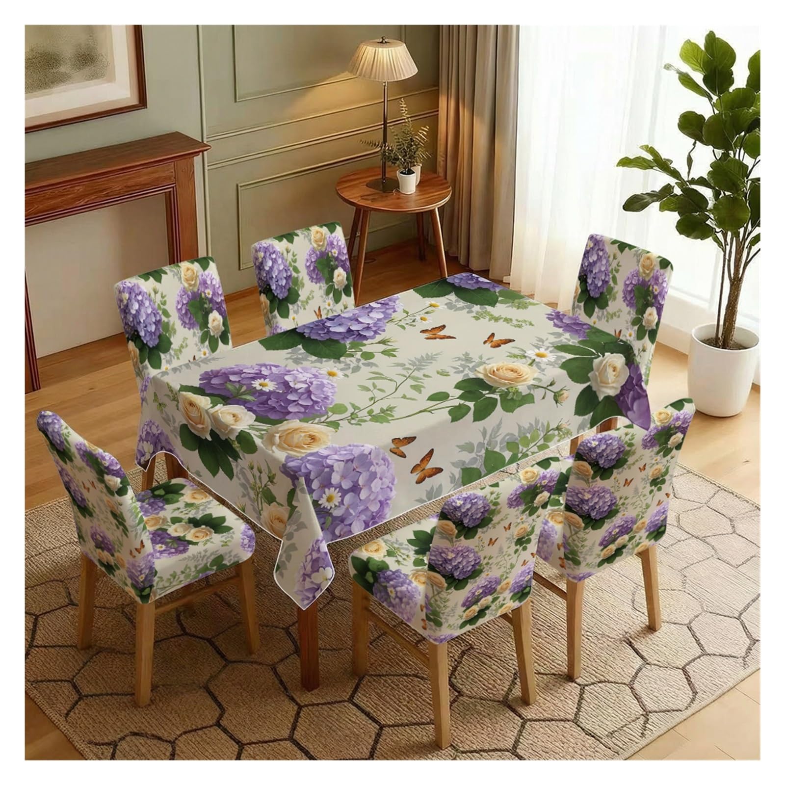 BOSUYBN Light Base Purple Hydrangea Rose Butterfly Dining Tablecloth & Chair Covers Set, 5/7 Piece Spring Garden Cottage Farmhouse Dining Decor Table Setting(7pcs Set: Tablecloth+Chair Covers)
