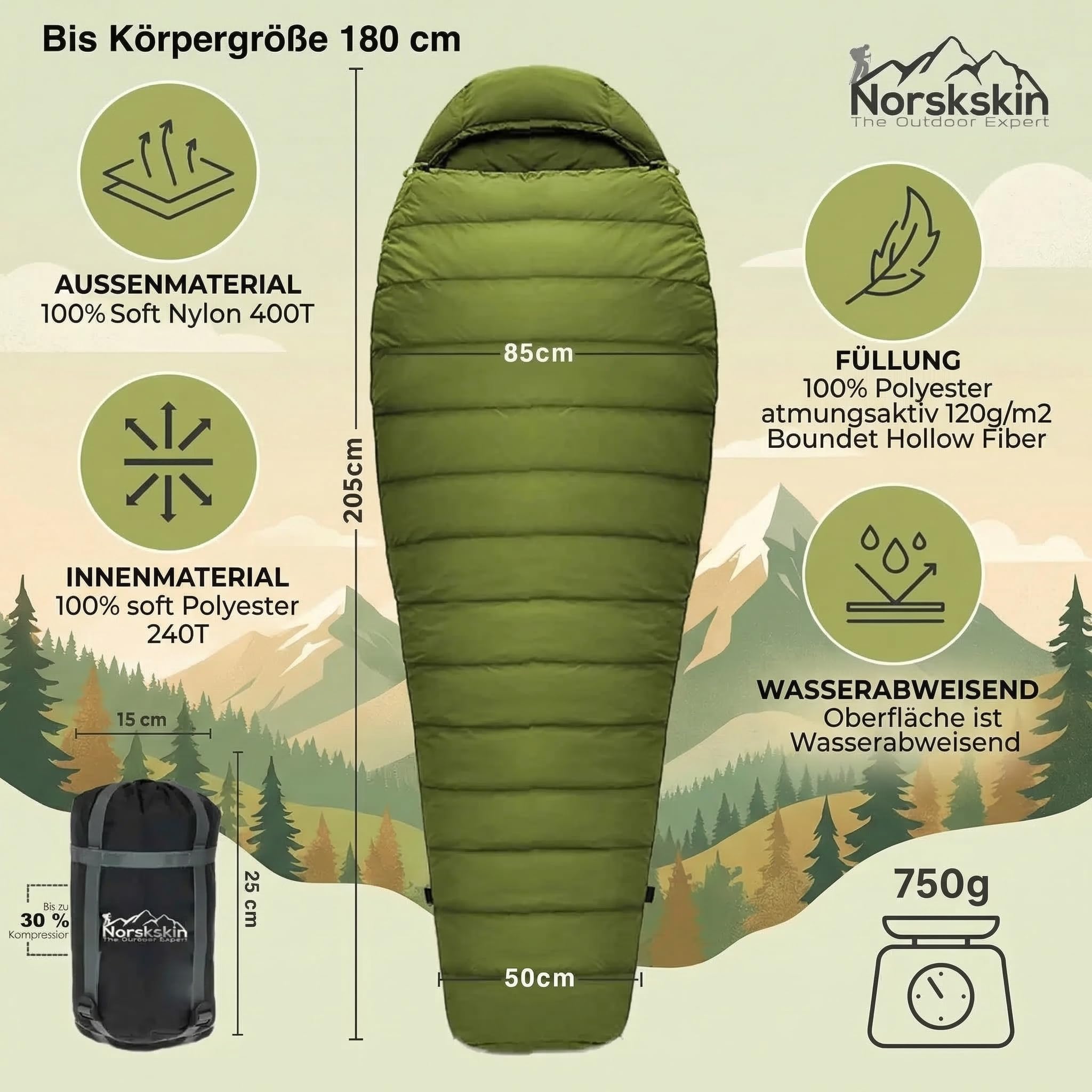 Mumienschlafsack Norskskin Ultralight 205 Grün Koppelbar Extrem