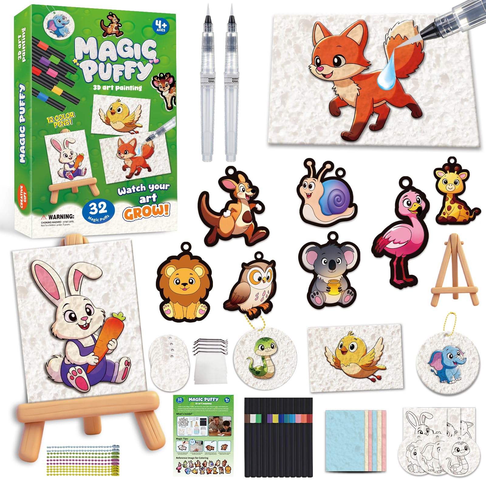 62Pcs Art Crafts Kit for Kids, 3D Aqua Puffs Magic Foam Texture Magic Painting Set for 3 Old, Creative Gift for Girls & Boys DIY Keychains for Children's Birthday Presents Toy Ages 4-10 (Animal)
