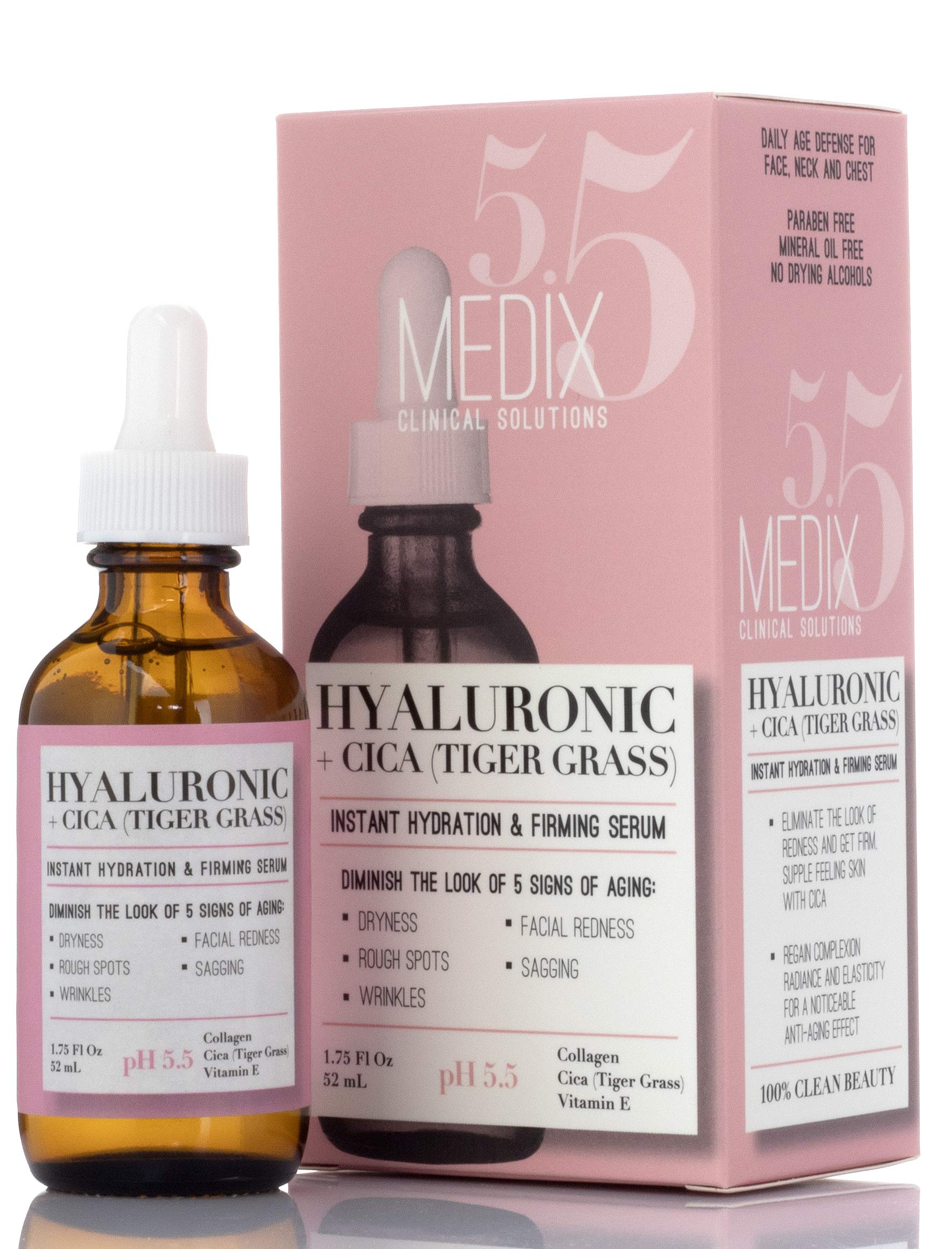 Medix 5.5 pH-Balancing Hyaluronic Acid Face Serum Collagen & Cica (Tiger Grass) Anti Aging Serum for Instant Hydration & Expression Lines Pure Hyaluronic Acid Serum For Face & Neck, 1.75 Fl Oz