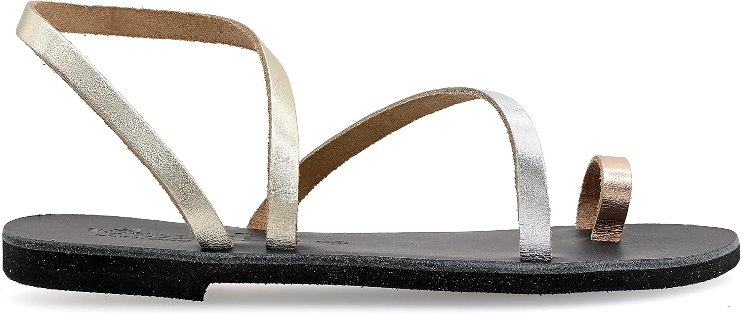 Emmanuela Greek Leather Toe ring Sandals, Quality Handmade Slingback Summer Shoes, Ankle Cuff Strappy Sandals, Boho Chic Flat Sandals, Silver Rose Gold Snake animal print
