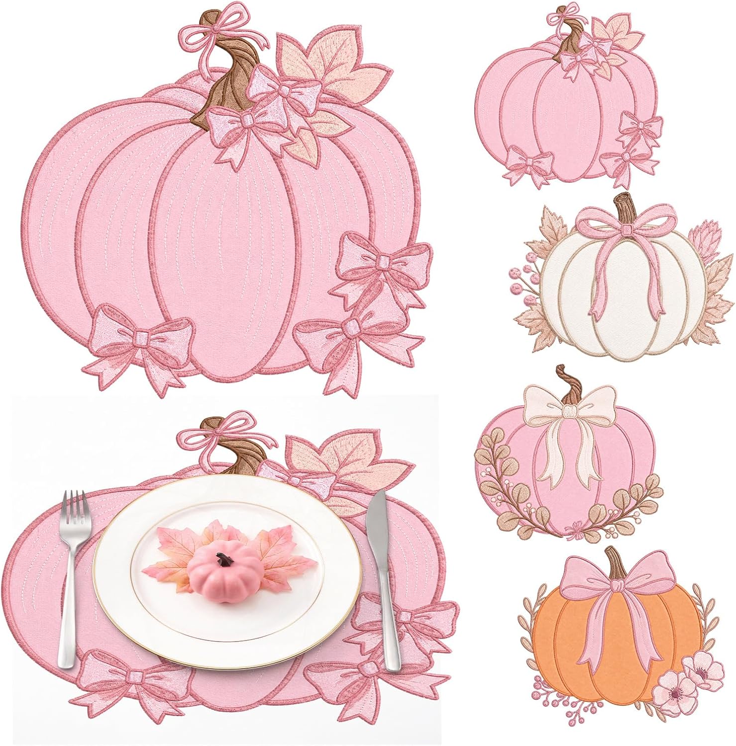 4 Pcs Pink Fall Pumpkin Placemats Double-Layer Fabric Embroidered