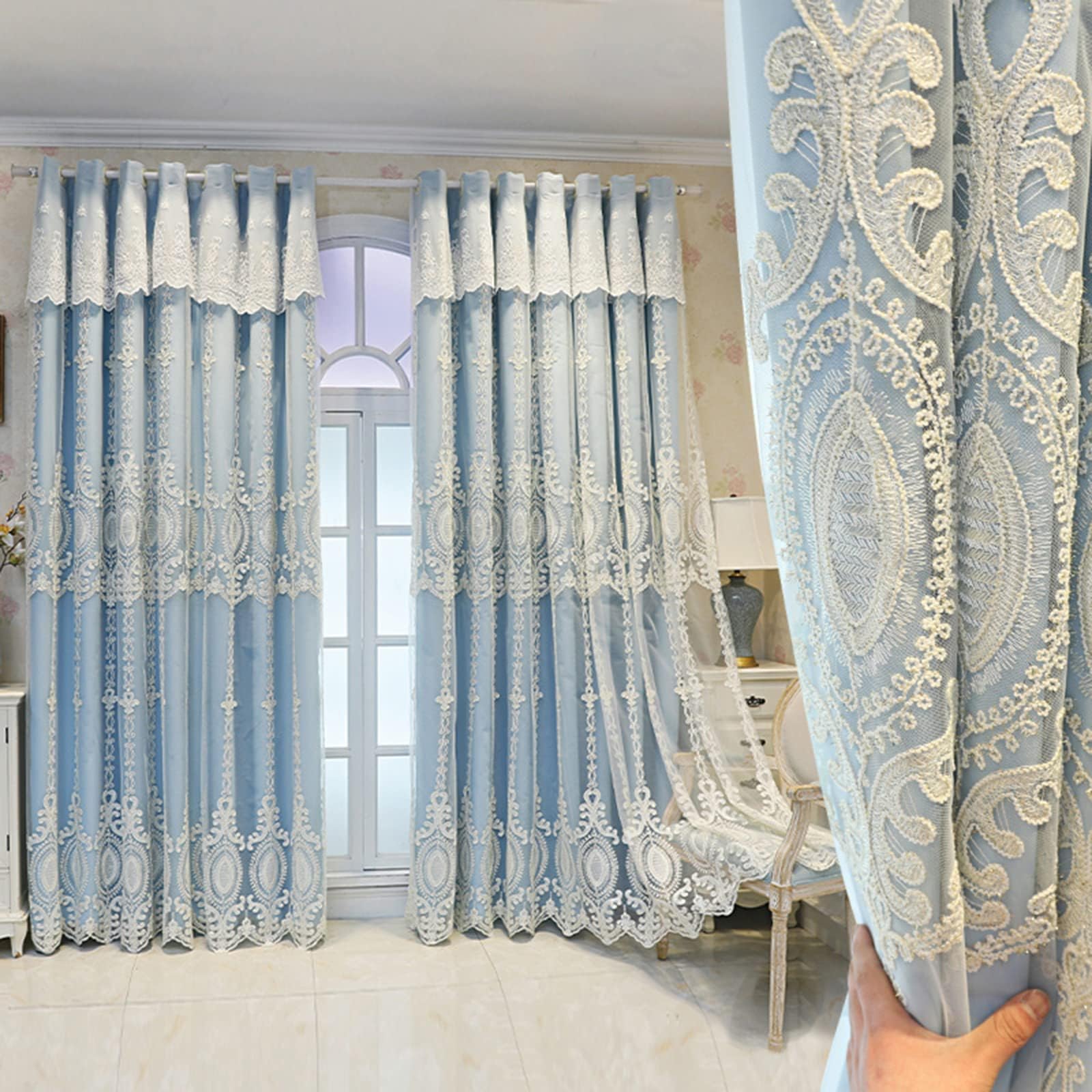 SHUNHUA Blackout Curtains Double Layer Window Curtain-European Style lace Embroidery Double Deck Blackout Tulle Curtain,Living Room Layered Eyelet Drapes Valance Panel,Girl Be