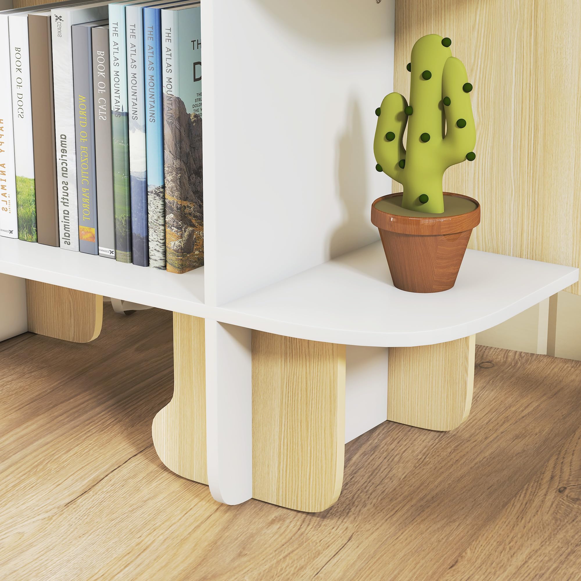 AIYAPLAY Libreria per bambini con design a dinosauro, contenitore per giocattoli e libri, con 6 scomparti, altezza 72,2 cm, per camera da letto o stanza dei giochi, legno naturale
