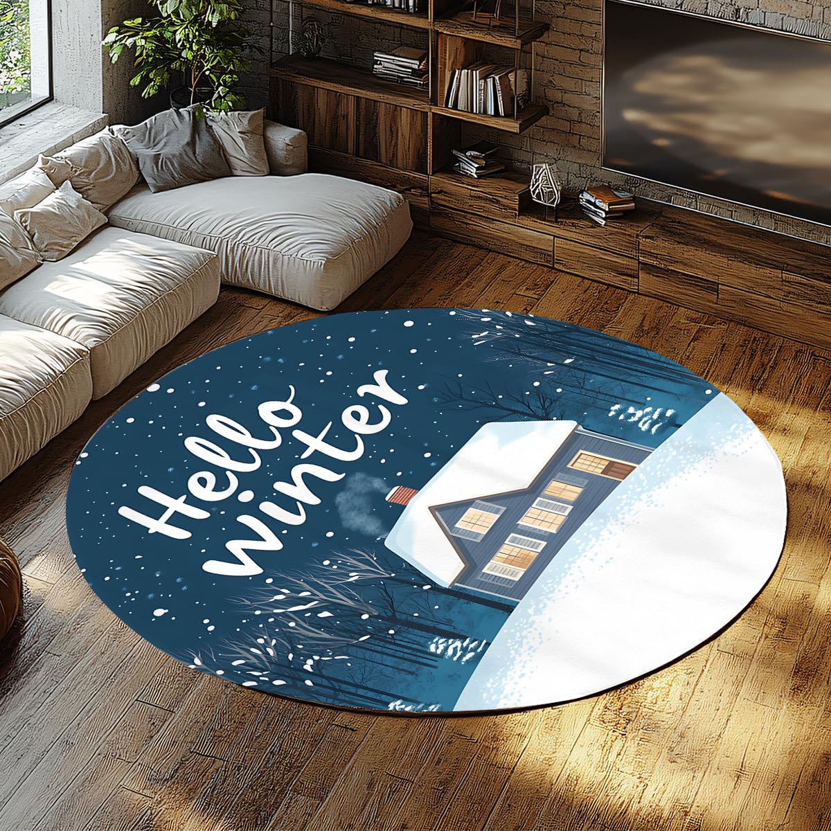 Tapis rond hiver 120cm cabane de ferme et forêt enneigée