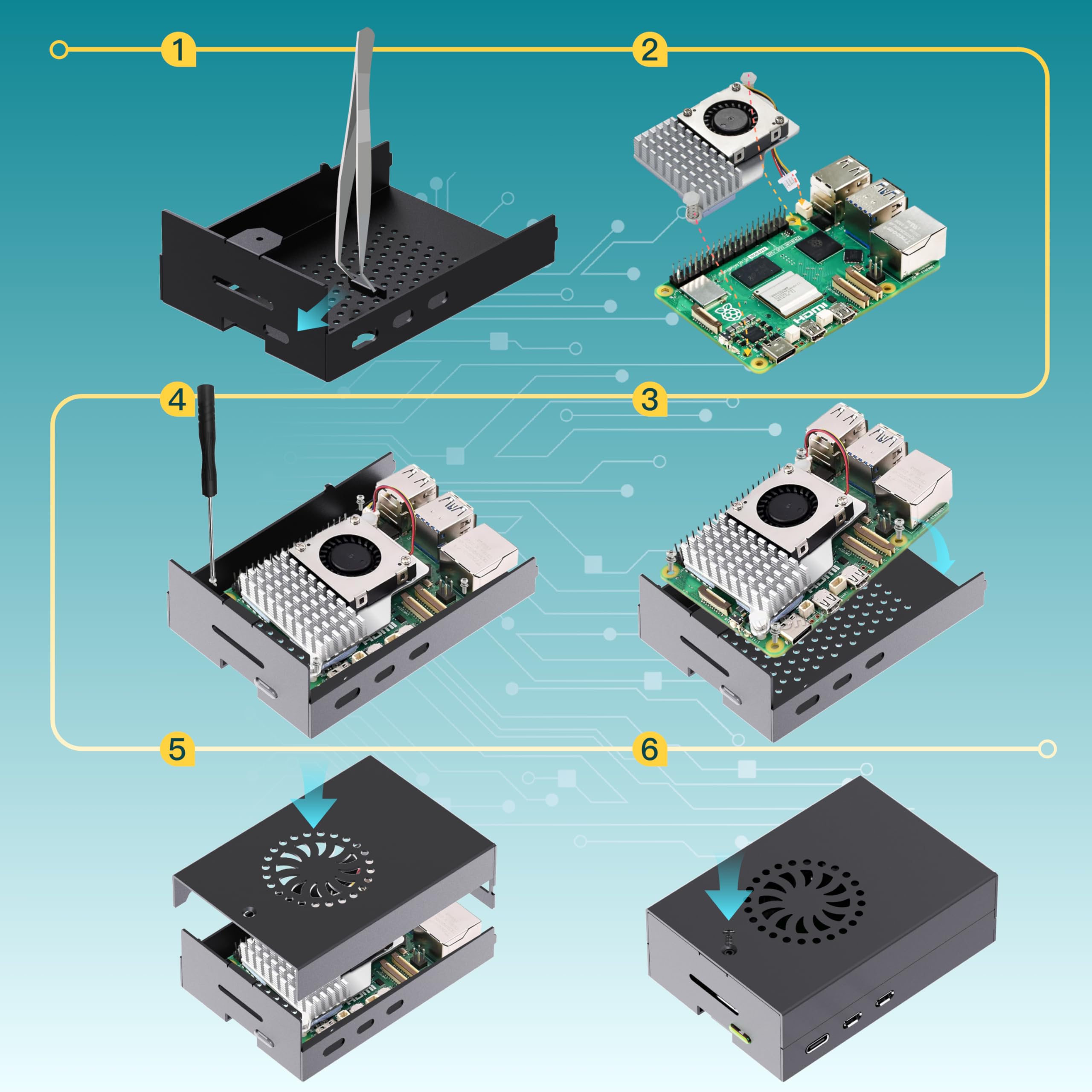 iRasptek Starter Kit for Raspberry Pi 5 16Go - Édition OS-Bookworm de 128Go préinstallée (boîtier Aluminium)