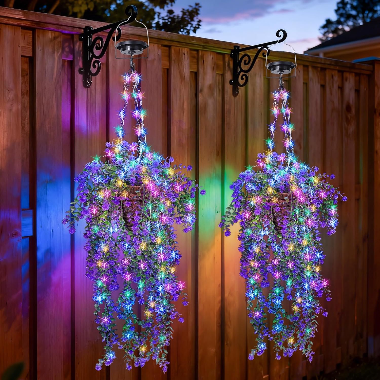 Lighted Artificial Flowers Basket for Hanging: Handmade Rattan Hanging Basket with Light up Fake Flowers for Porch Garden - 2 Pack Cone Fowers Basket with Solar Lights for Wedding Party Home Decor