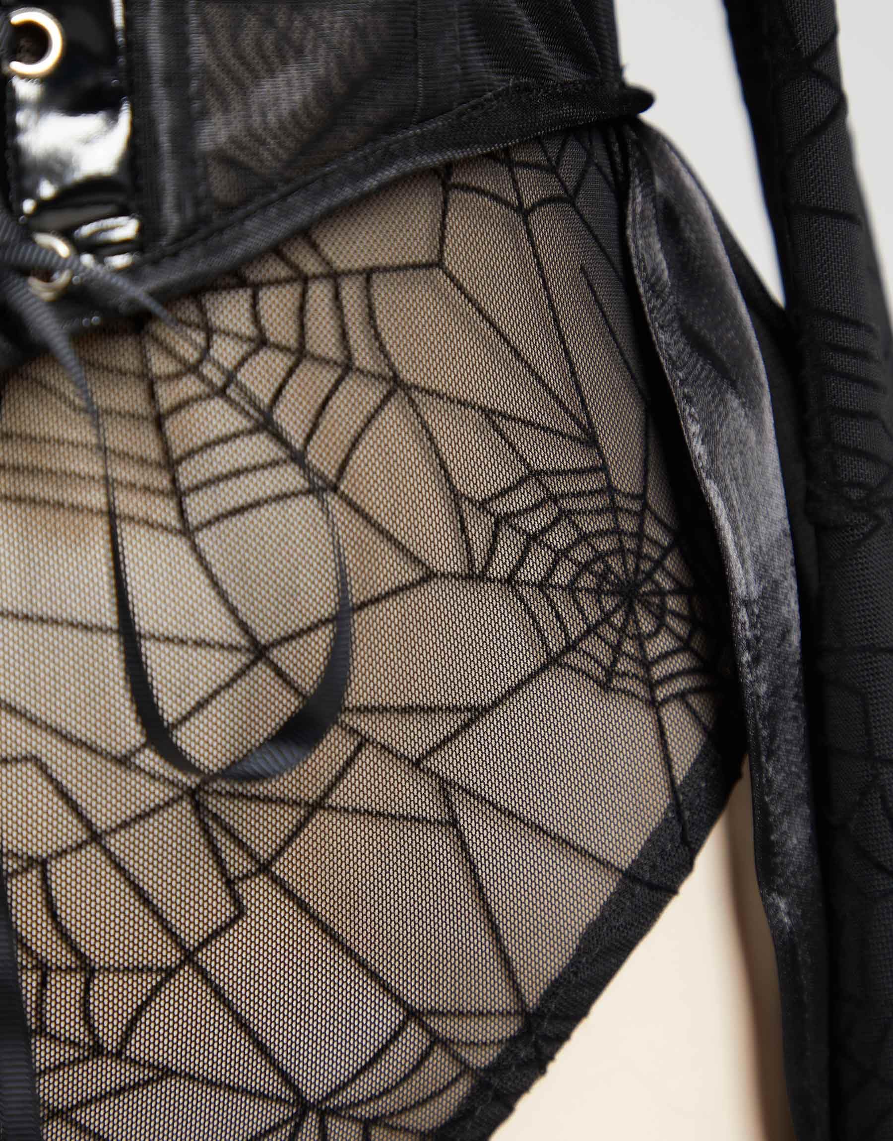 MEOWCOS Gothic Bodysuit Black Spider Web Off-shoulder Long Sleeves Lingerie with Trailing Corset