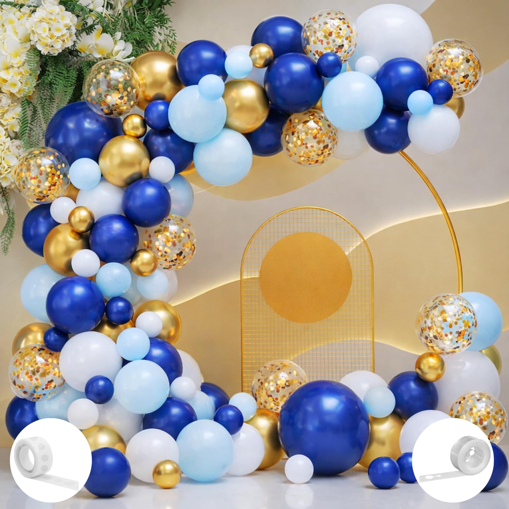 Happy Birthday Decoration Kit for Baby Boys Girls Kids Husband Wife Adults Home Bedroom Terrace Tent Year With 50 Pcs Blue Gold White Balloons 1 Pcs Arch Tape 1 Pcs Glue Dots Items Set Combo Golden-image-39