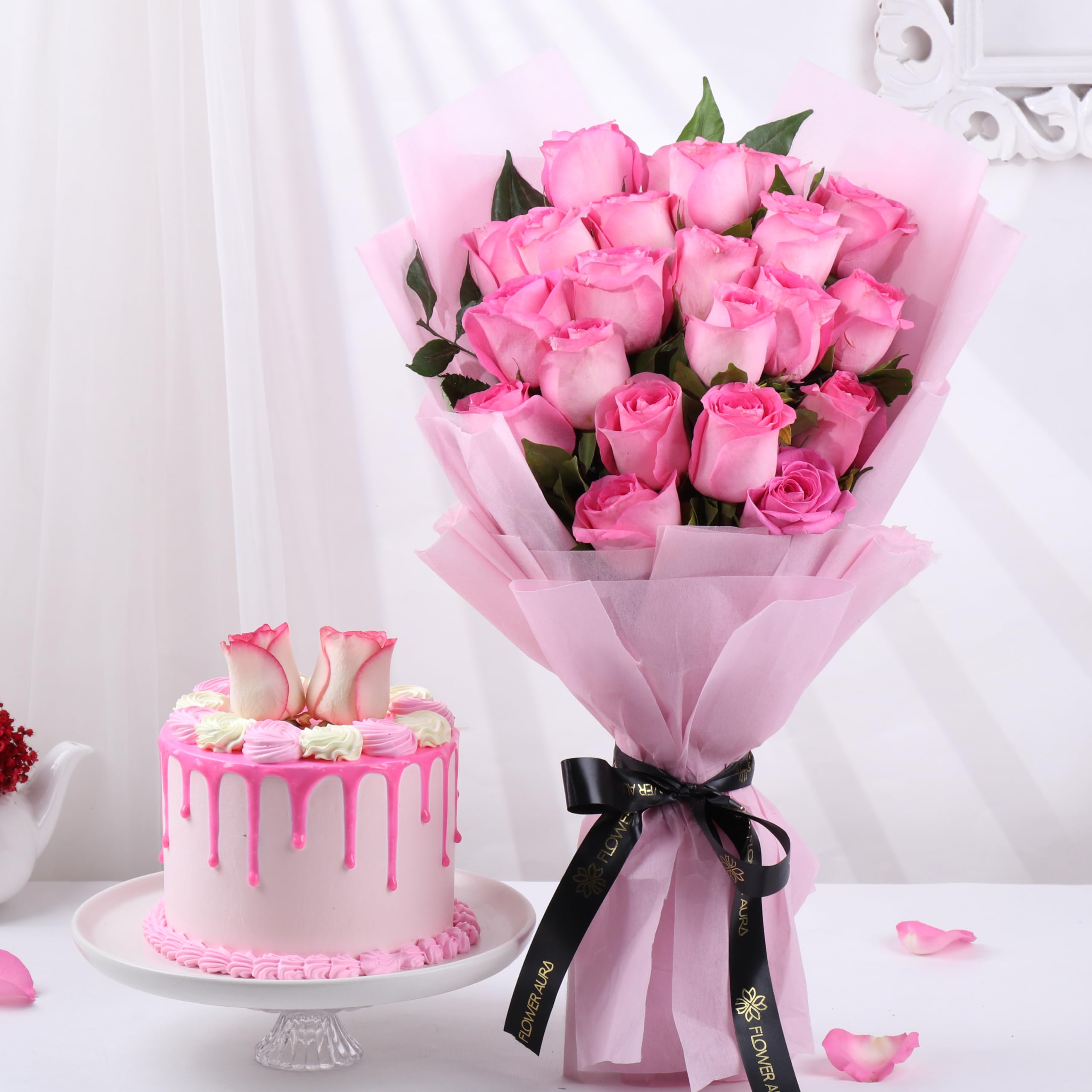 FlowerAura Love Combo of Fresh 1Kg Strawberry Cake & 20 Pink Roses Flower Bouquet For Birthday | Anniversary | Valentine's Day Gift For Girlfriend, Boyfriend, Husband & Wife (Same Day Delivery)-image-30