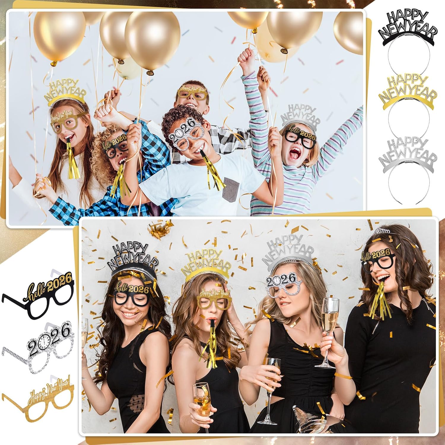 Zhanmai 30 Pcs 2026 New Year Party Supplies Includes 9 Happy New Year Headband 9 Eyeglasses 12 Golden Glitter Metallic Fringed Noise Makers Photo Props for 2026 Party Favors - Image 6