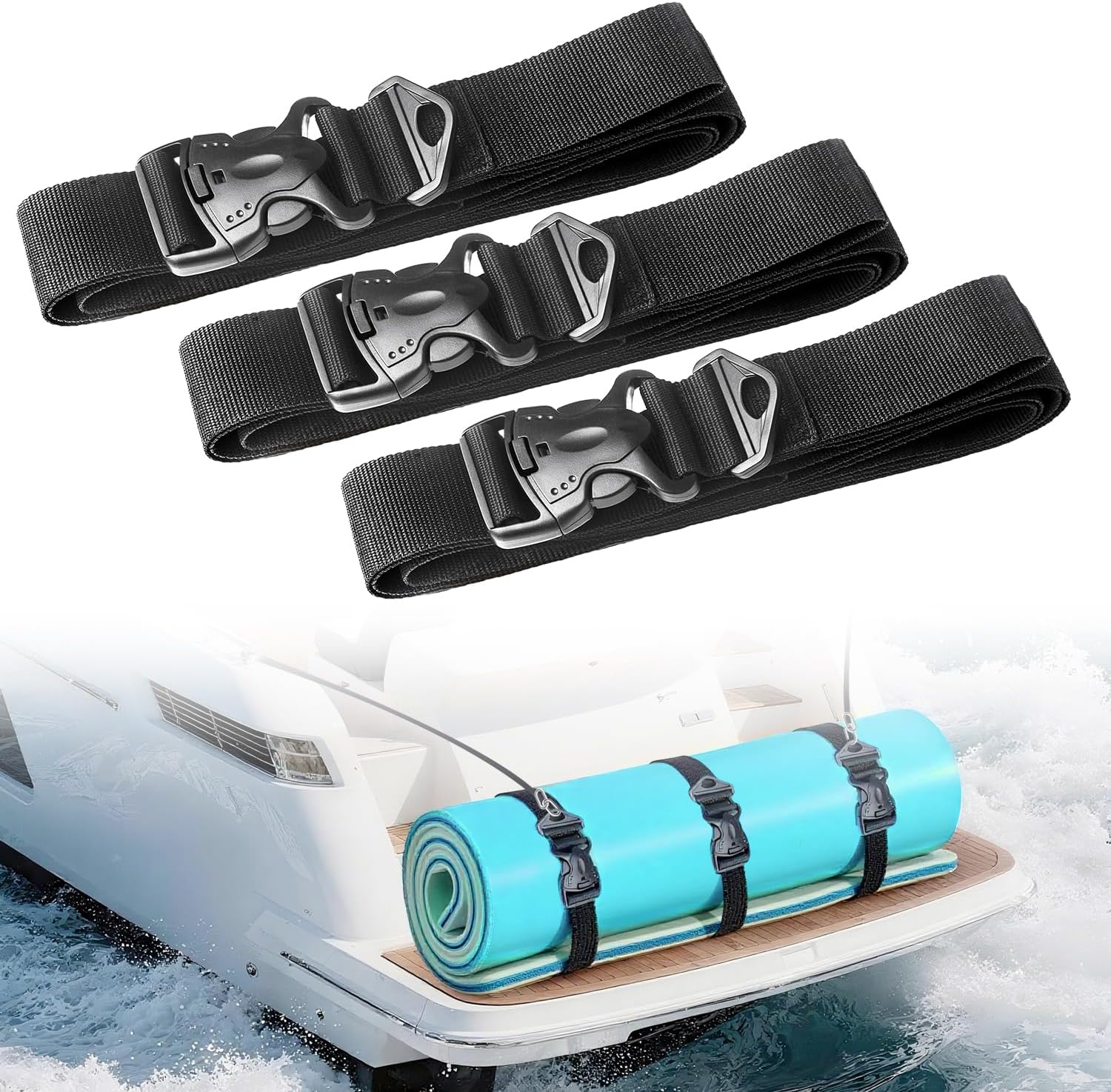 3 Pcs Floating Mat Straps with Quick-Release Double Lock Buckle, Multifunctional Floating Water Mat Straps with Hole Buckle & Carry Handle for Baby Crawling Mat, Yoga, Camping
