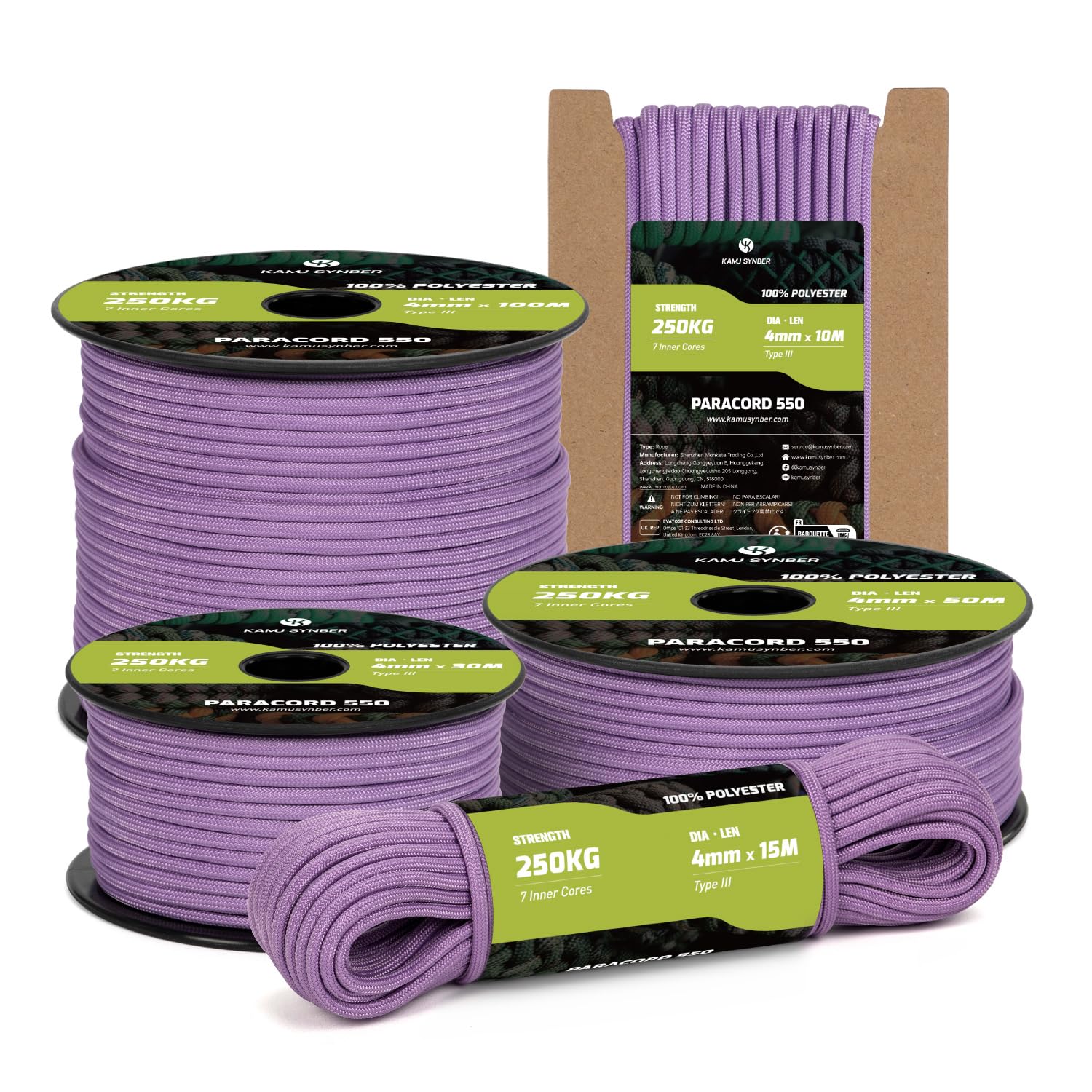 Kamu Synber Paracord 550 Type III 4mm 10m 7 Strands 100% Polyester Rope Parachute Cord Ideal for Crafting, Outdoor, Survival | Support 250kg | Lilac