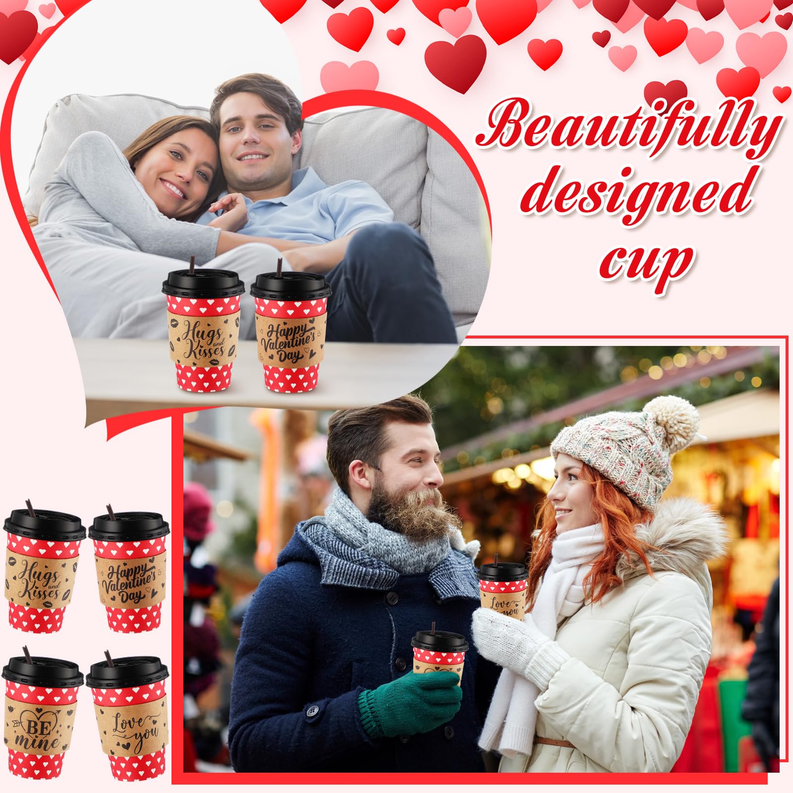 Layhit 100 tazze da caffè per San Valentino, bicchieri di carta usa e getta, con coperchio, maniche e cannucce per mescolare, per inverno, San Valentino, cioccolata calda, forniture per feste